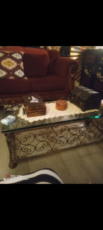 vintage iron scroll base coffee table w/ beveled glass