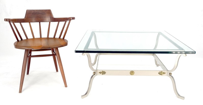 Jansen Atr. Brushed Steel Brass Mounts Rosettes Square 3/4" Glass Coffee Table gallery