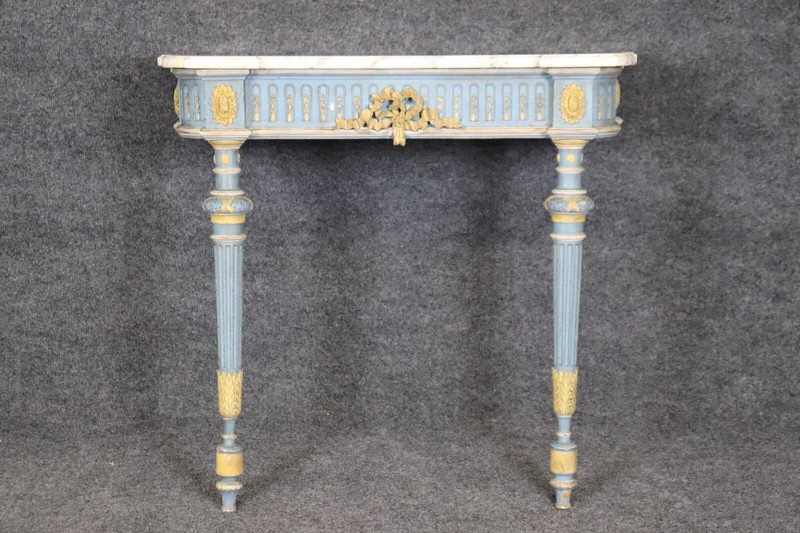 French Louis XVI Style Blue and Yellow Painted Marble Top Wall Mounted Console