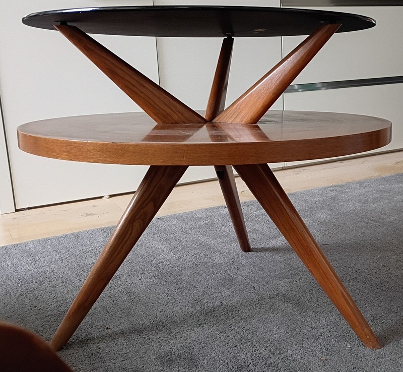 MCM Round Wood Side Table 3 Leg Black Glass Top FINE Stunning Design gallery