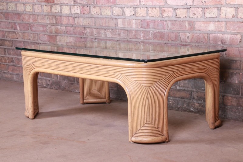 Miami Modern Rattan Glass Top Coffee Table, Circa 1970s