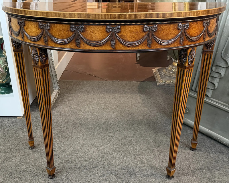 Adam Style Burled Walnut Demilune Table or Console with Banding & Ribbon Swags gallery