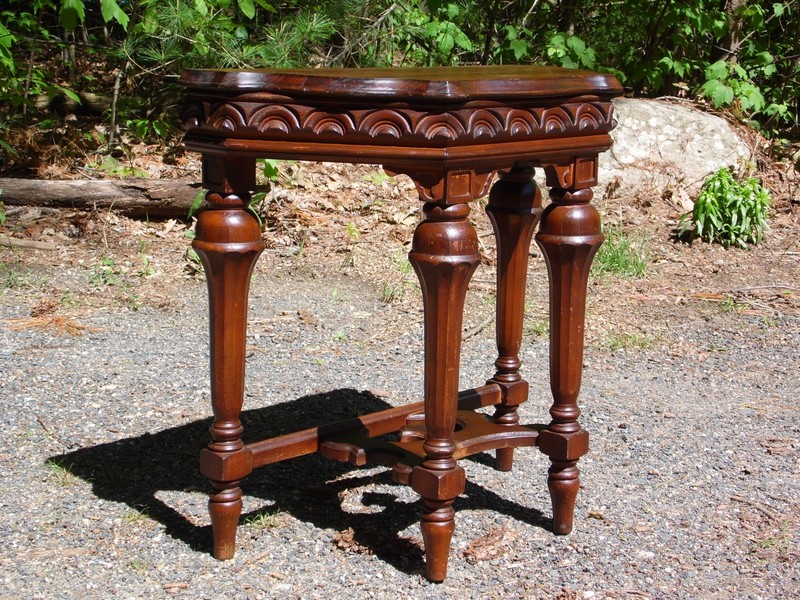 Vintage Jacobean Spanish Revival Style Solid Walnut Entry Table Demilune Table gallery