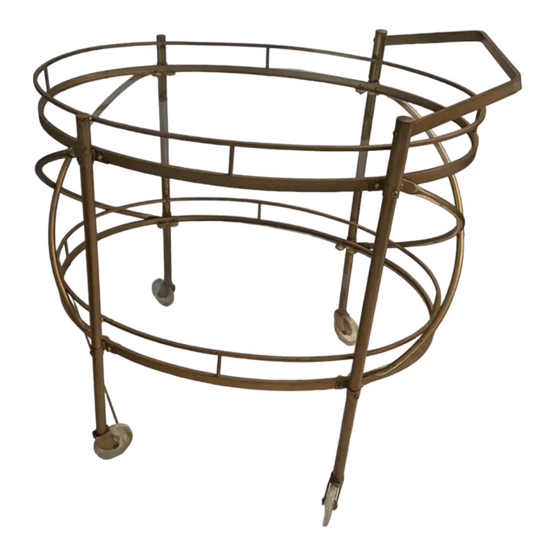 Vintage Brass Glass Oval Bar Cart 2 Tier Rolling Serving Trolley MCM