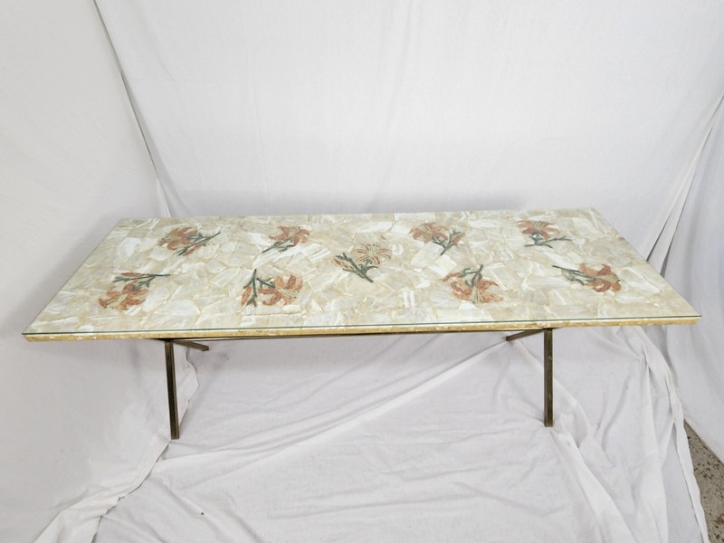 Inlaid Flowers Marble Long Table Chrome Legs Mid Century Modern Vintage Colorful gallery