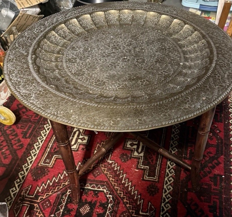 Vintage Removeable Brass Tray Top Coffee Table w/Faux Bamboo foldable base gallery
