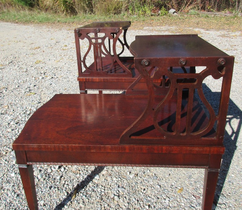 2 Rare Mid-century Lane two tiered end table frework and tapered legs with harps gallery