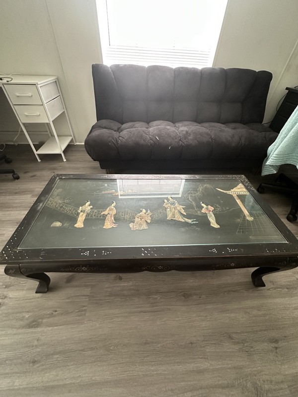 Vintage Black Lacquer Coffee Table - Mother of Pearl Inlay Hand-Painted Oriental gallery