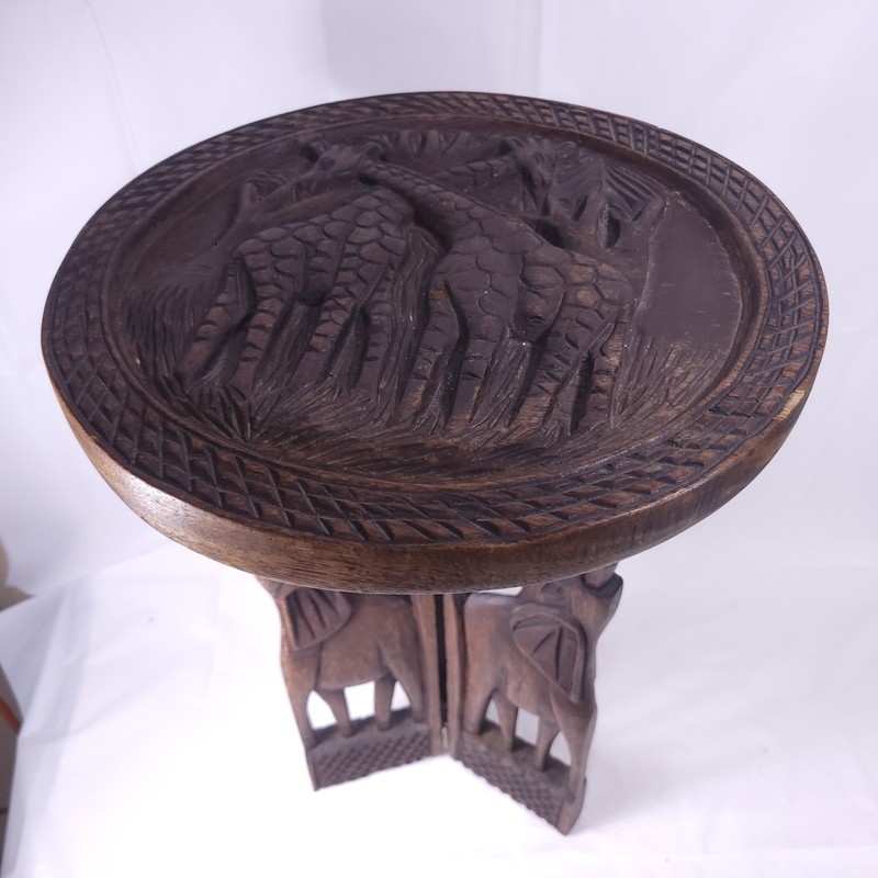 Vintage Hand Carved African Giraffe Table Elephant Folding Legs Small Table READ gallery