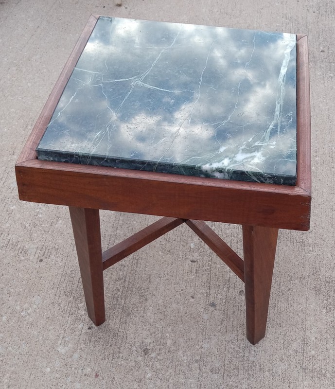 Mid Century Walnut Green Marble Top Plant Stand / Side Table (PS-189) gallery