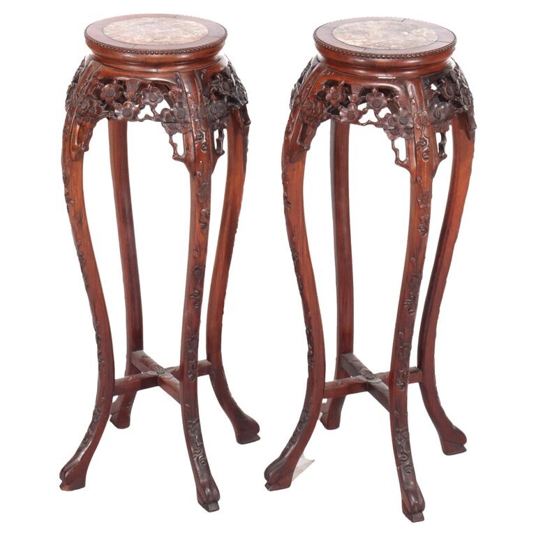 Pair of Antique Chinese Carved Rosewood & Rouge Marble Sculpture Stands C1920
