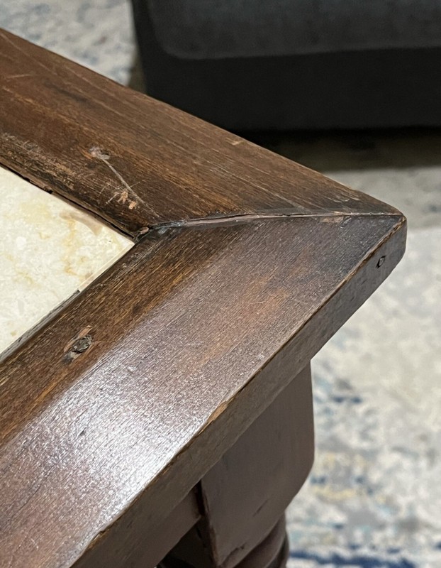 Antique travertine marble inset top side table with corn cob style carved legs gallery