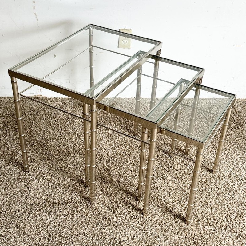 Mid Century Modern Chrome Faux Bamboo Glass Top Nesting Tables – Set of 3