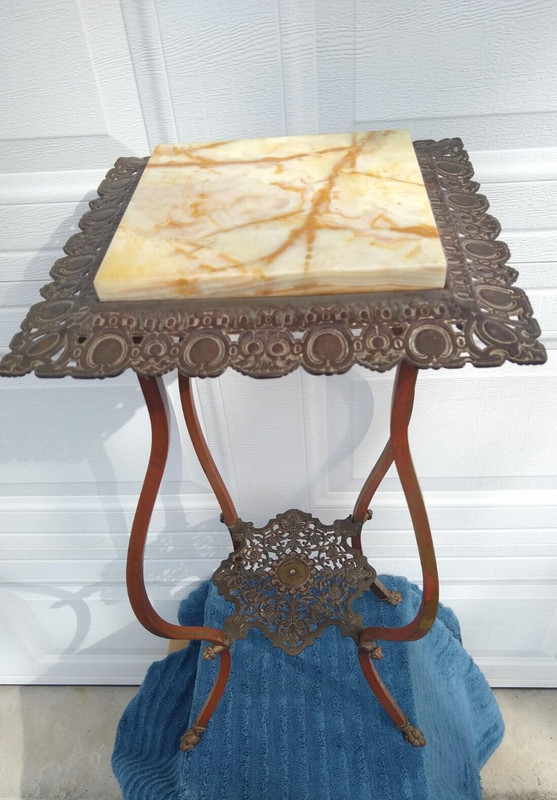 Extremely RARE! Antique Victorian Metal and Onyx Inset Two-Tier Plant Side Table gallery
