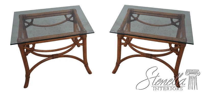 63597EC: Pair Modern Design Bamboo Base Glass Top Lamp Tables