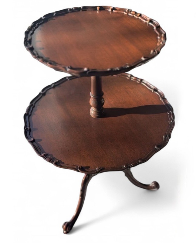 Vintage Chippendale Style Mahogany 2-Tier Pie Crust Side Table Carved Foot gallery