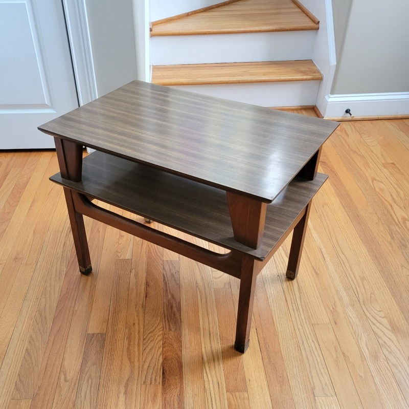 Vintage MCM Two Tiered Side/End Table Walnut Base Formica/Laminate Tops Unique!