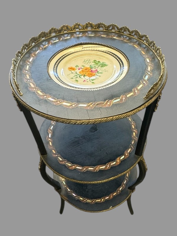 Antique Victorian Bronze Mounted Inlay Stand with Floral Porcelain Center Plaque