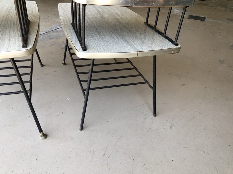 2 Mid Century Modern 2 Tier End Side Tables 1960's Formica Tops Steel Bases gallery