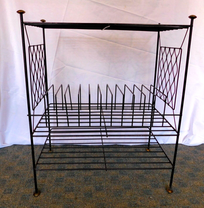 VTG MCM Mid Century Modern Black Metal Wire Magazine Record Rack Table