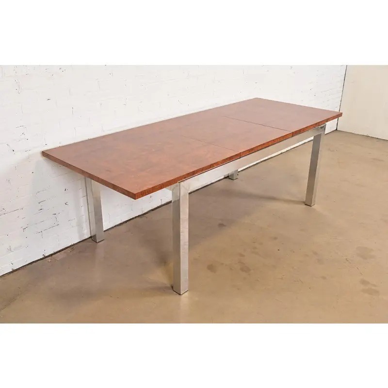 Leon Rosen Mid-Century Modern Burl Wood Extension Dining Table, Newly Refinished gallery