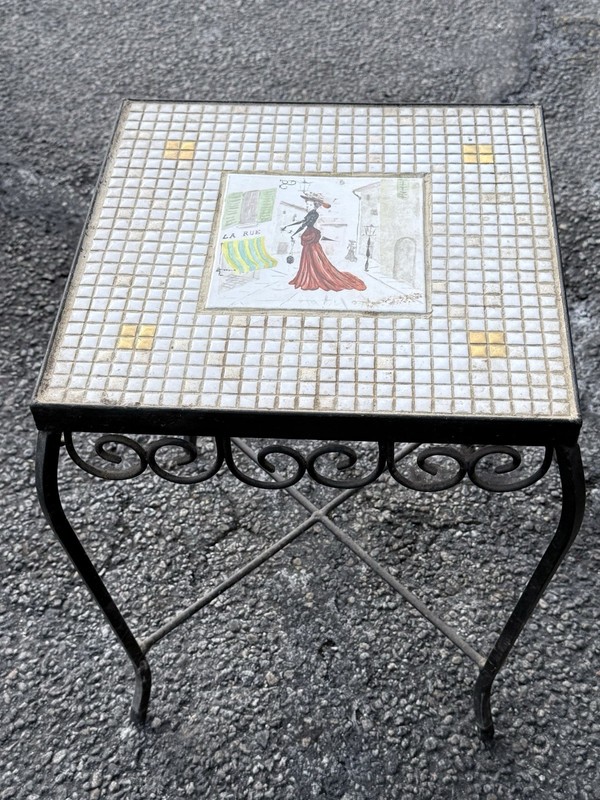 Vintage Mid Century Small Side Table Paris Lady Mosaic tiles Border Wrought Iron gallery