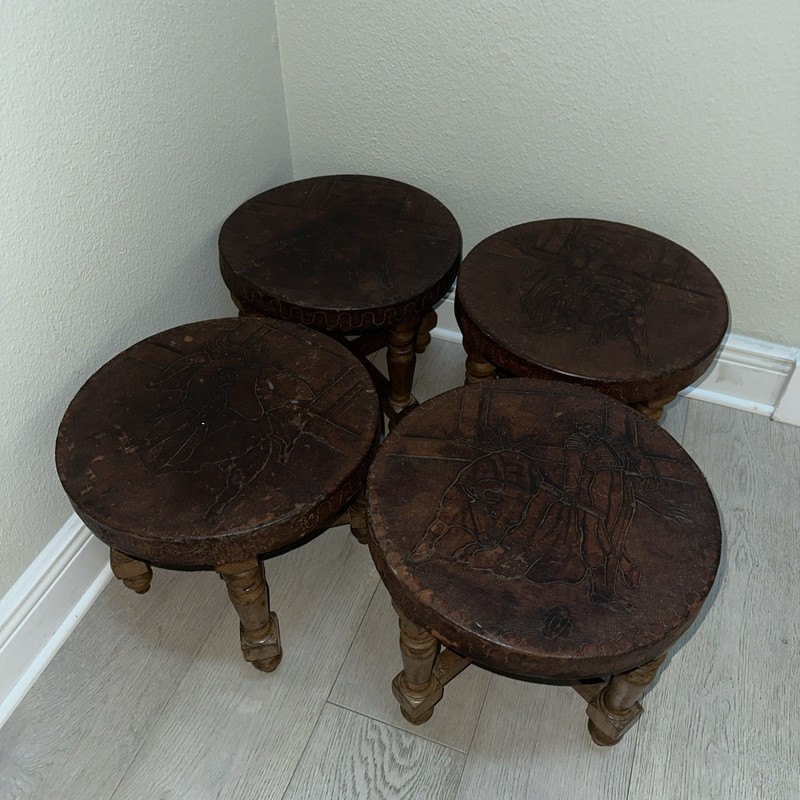 Peruvian Hand Tooled Punched Leather South American Wooden Stools Bull & Matador gallery
