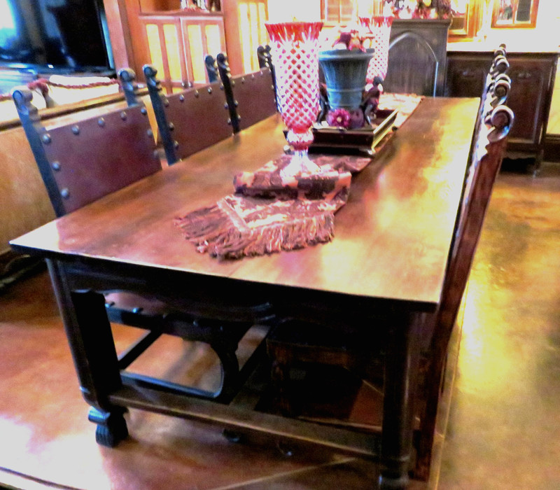 Antique Pembroke Gothic 110″ Dining Table Walnut Planks Carved Apron Tassel Feet