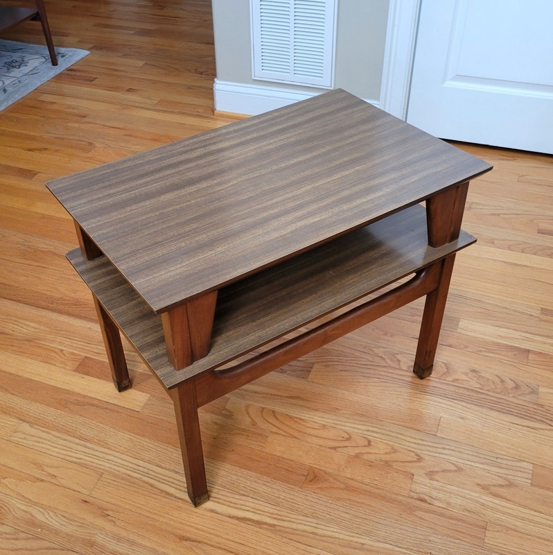 Vintage MCM Two Tiered Side/End Table Walnut Base Formica/Laminate Tops Unique! gallery