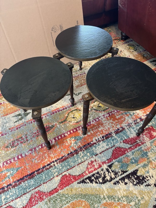 1960s Mid-Century Modern Round Walnut Legs Faux Slate Stacking Set of 3 Tables