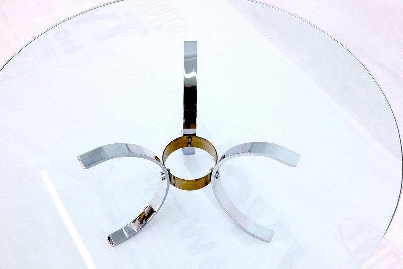 Heavy Thick 3/4" Glass Round Top Chrome & Brass Tripod Base Coffee Table gallery