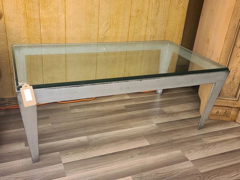 Modern Rustic Accent/Coffee Table with Glass Top and Metal Base