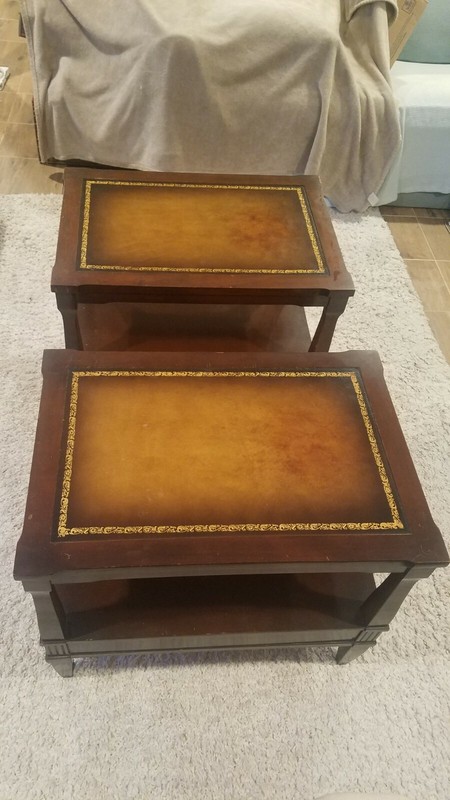 VINTAGE PAIR OF LEATHER INLAID 2 TIER NIGHT STANDS/ END TABLES ON WHEELS + BONUS gallery