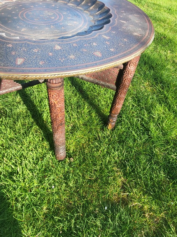 Antique Large Brass Enamel Tray Table With Carved Collapsible Legs gallery