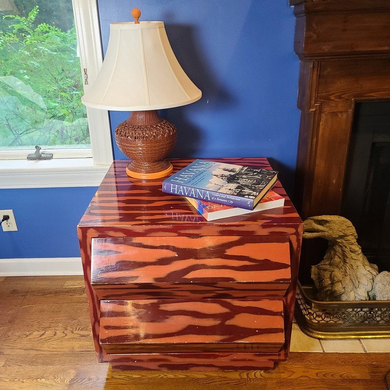 Karl Springer Tiger Stripe 2 drawer side tables with phone nook