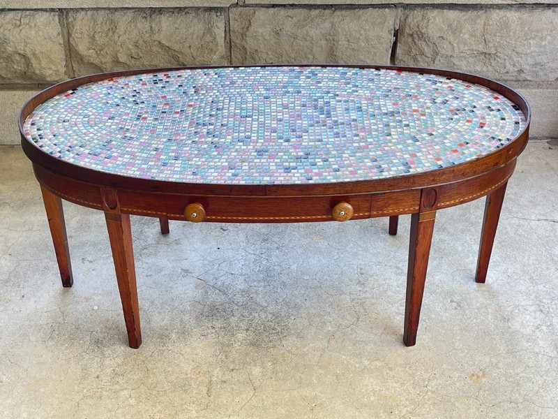 Mid Century Mersman 6964 Oval Mahogany Inlaid Coffee Table Custom Mosaic Tile