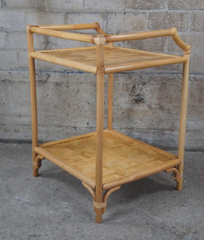 Vintage Bohemian Bamboo & Woven Rattan Etagere Side Table Plant Stand Boho Chic gallery