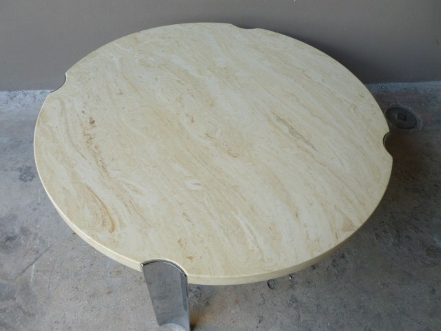 1970'S ROUND SELIG FAUX MARBLE FLYING SAUCER COFFEE TABLE W 4 THICK CHROME LEGS gallery