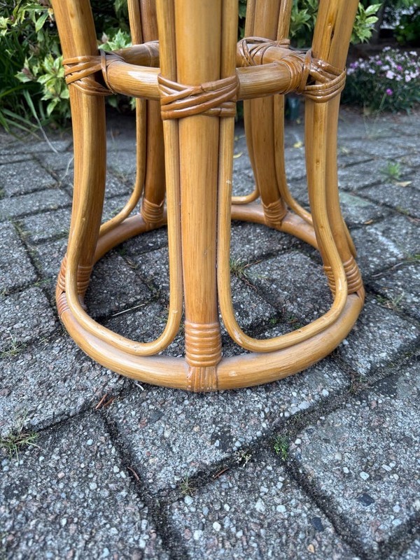 Vintage Rattan Round Side Table, Boho Wooden Plant Stand, Woven Stool Table, Mid gallery