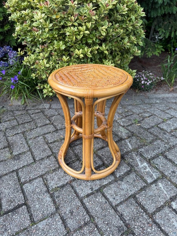 Vintage Rattan Round Side Table, Boho Wooden Plant Stand, Woven Stool Table, Mid