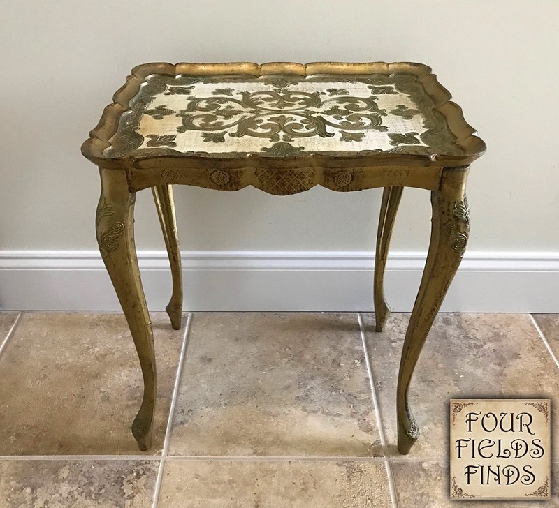 Vintage Italian Florentine Accent Table Gold Gilt Tones & Off White, Ornate