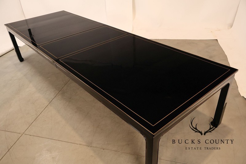 Custom Black Lacquered 12 Foot Extendable Dining Table With Gold Line Inlay gallery
