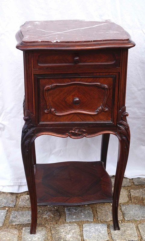 French Carved Rosewood Red Marble Pair Night Stand Side Table Louis XV Style 19C gallery