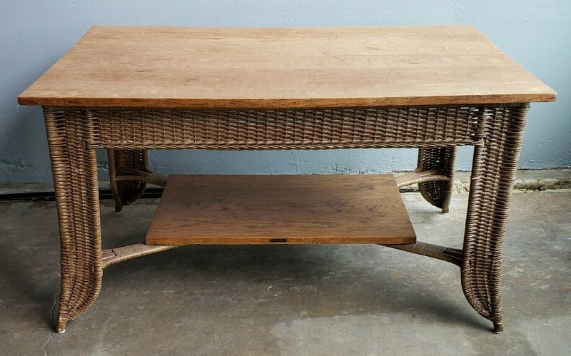 Heywood Wakefield Mission Style Oak & Wicker Library Table Arts & Crafts