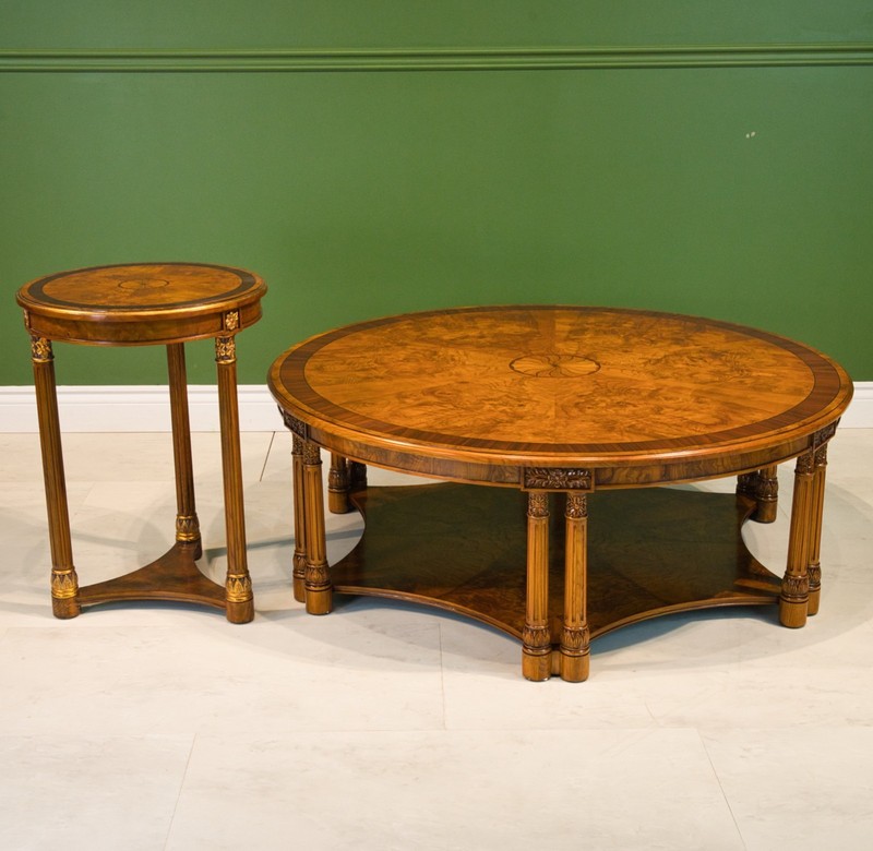 Large Round Ash wood Coffee table with fluted legs, lower shelf, all solid wood gallery