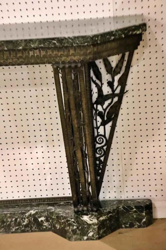 Edgar Brandt Attributed Wrought Iron Verdi Marble Top and Base Console Table gallery