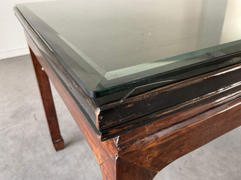 Antique Wood Dinning Table With Beveled Glass Tabletop gallery