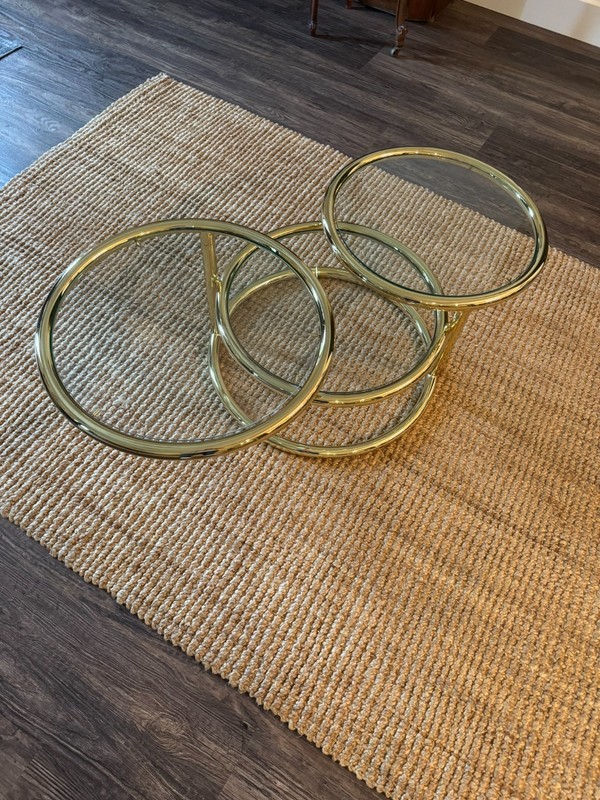 Vintage MCM Round Swivel 3 Tier Brass & Glass Table, MILO BAUGHMAN Style gallery