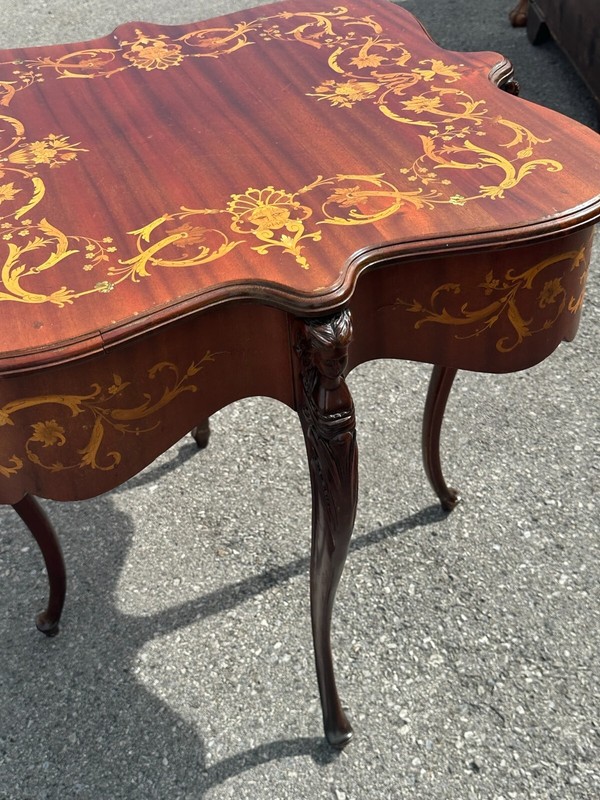 Antique Horner Style Inlaid Parlor Table Victorian Figural Carved 1890 gallery