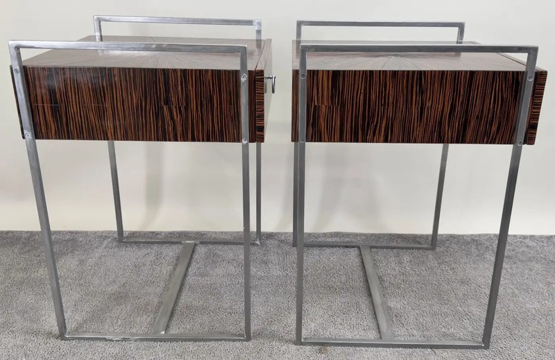 Mid-Century Modern Macassar Zebra Design & Iron Nightstand or End Table, a Pair gallery